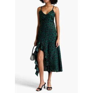 Sandro Amazonie Leopard Print Satin Midi Slip Dress Green Animal Print US 4